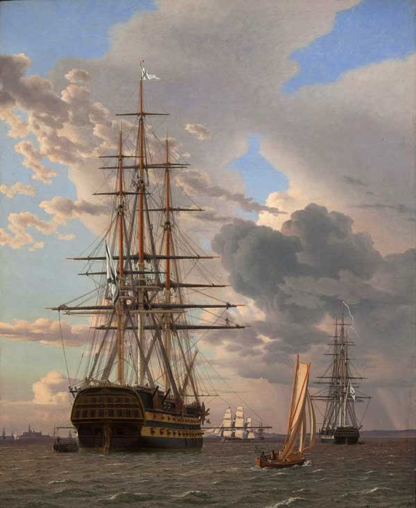 Кристофер Вильгельм Экерсберг, «Линейный корабль Азов и фрегат на якорях у Эльсинора», 1828